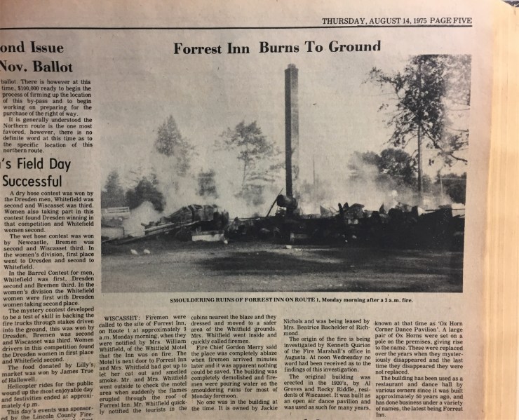 New clipping showing the smoulering ruins of Forrest Inn or the Bloody Bucket from 1975.