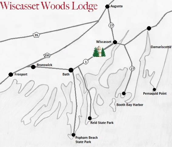 Map of Wiscasset Woods Lodge in Midcoast Maine showing many of the great things to do near our hotel.