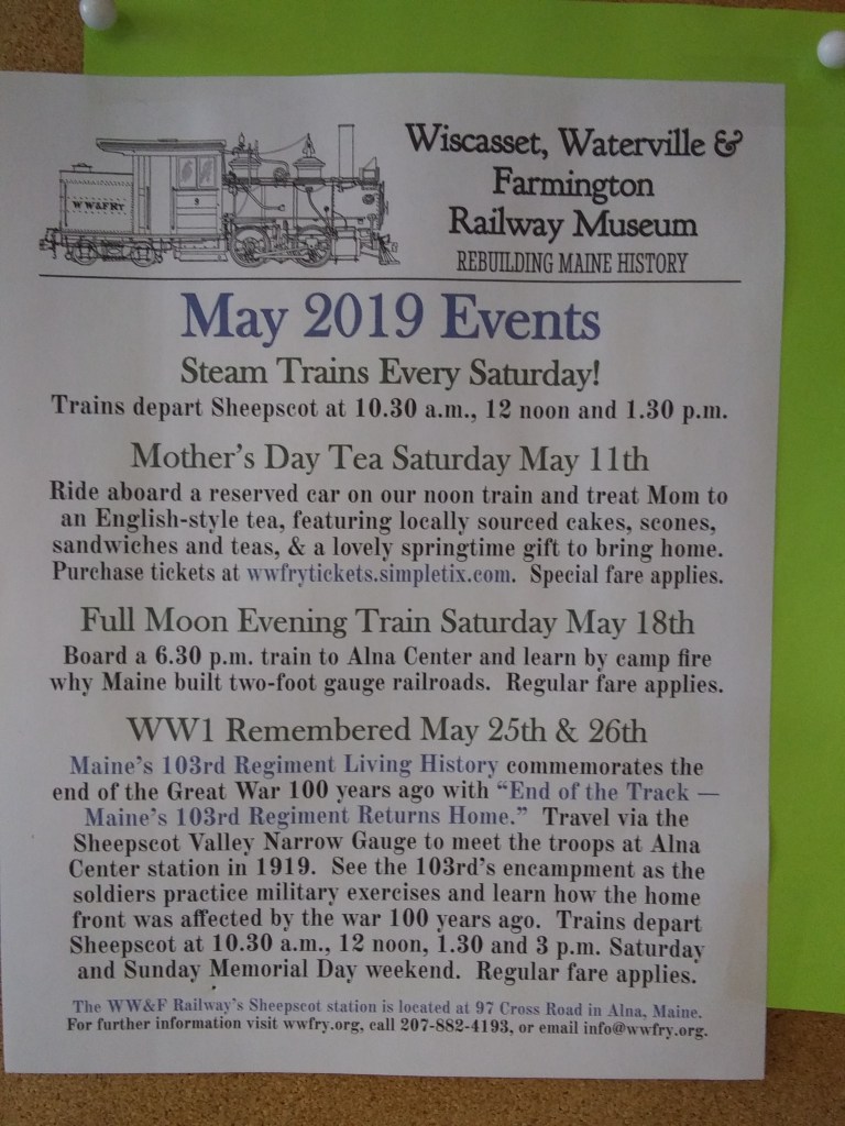May activities at Wiscasset, Waterville and Farmington Railway. Know a train lover, check these out.
