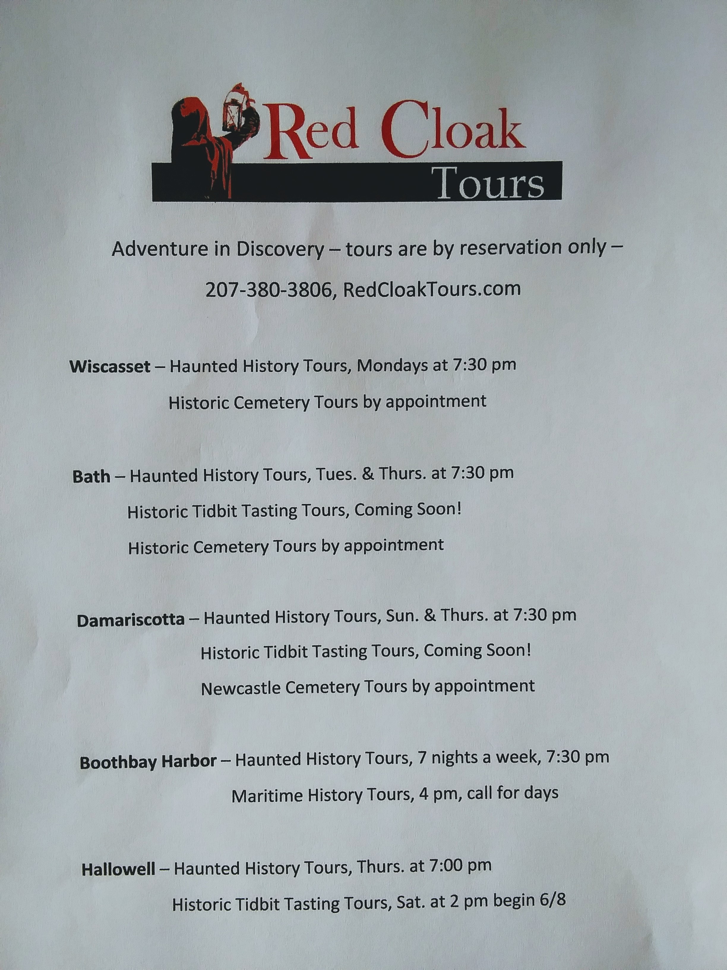 Schedule of Redcloak Tours Walking Tours in Midcoast Maine.