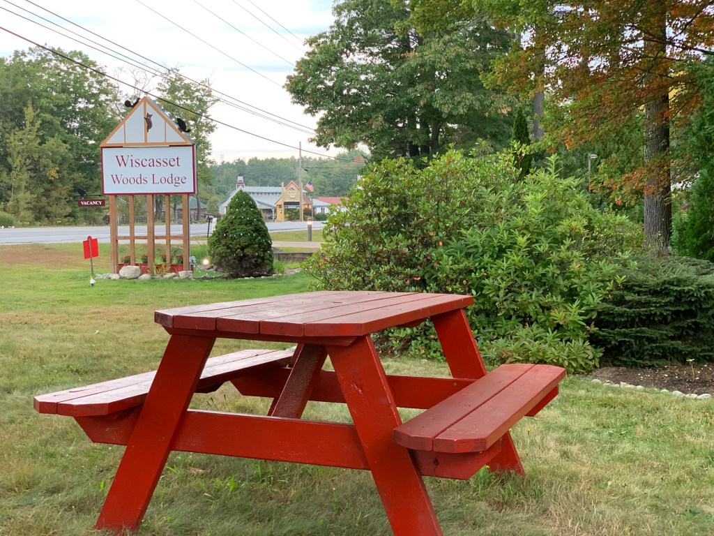 picnic table at wiscasset woods lodge