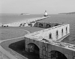 Historic photo of Fort Preble with Fort Georges in the background