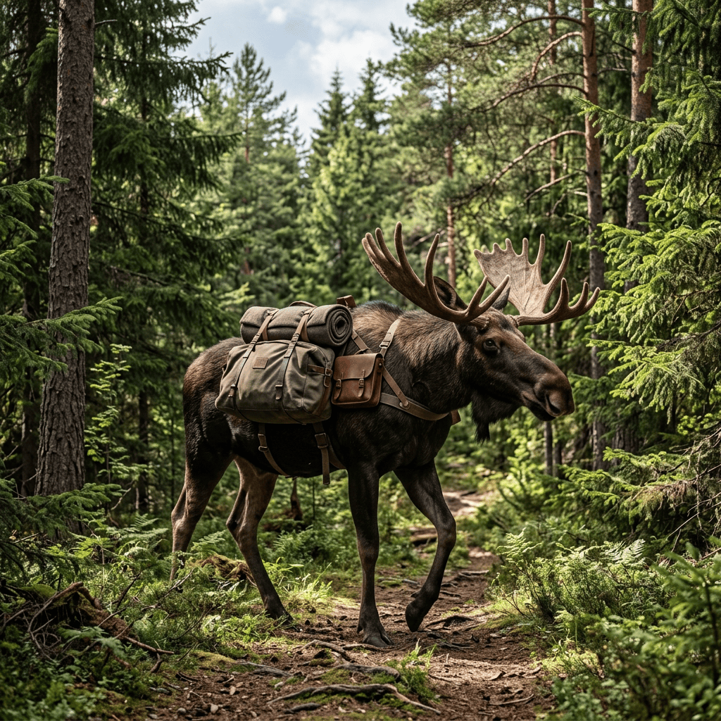 Moose walking on forest trail with hiking backpack and rolled mat